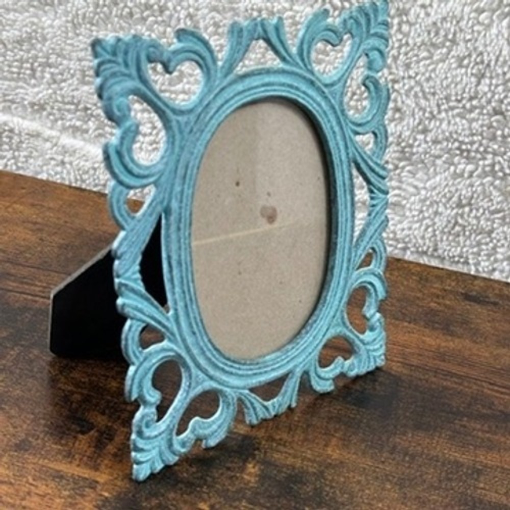 Vintage Pier 1 Imports Picture Frame Teal Blue Ornate Scroll Distressed Shabby